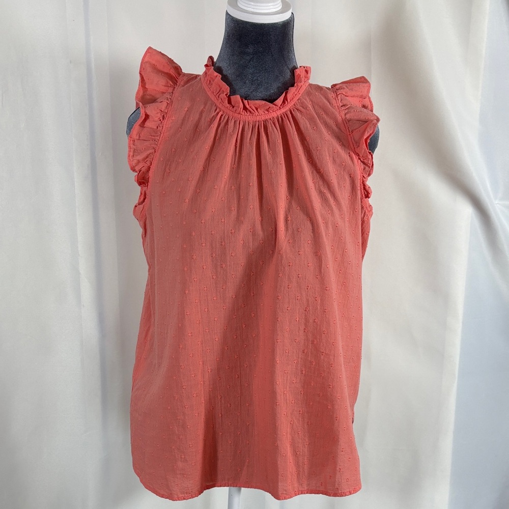 LOFT Coral Ruffle Neck Sleeveless Swiss Dot Shirt